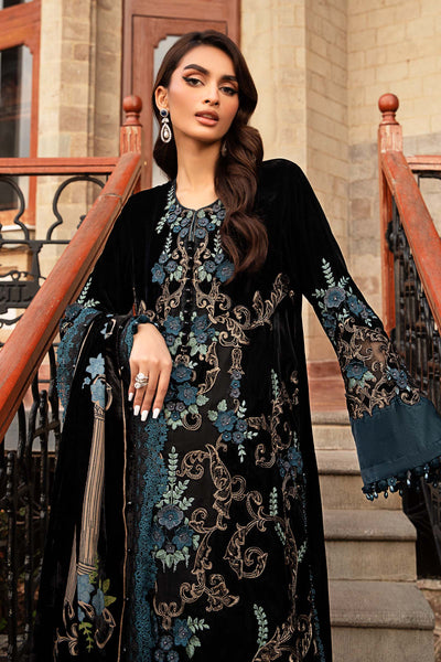 Noir Teal Romance: Heavy Embroidered Velvet Suit With Silk Trouser | Ready To Wear