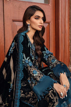 Noir Teal Romance: Heavy Embroidered Velvet Suit With Silk Trouser | Ready To Wear