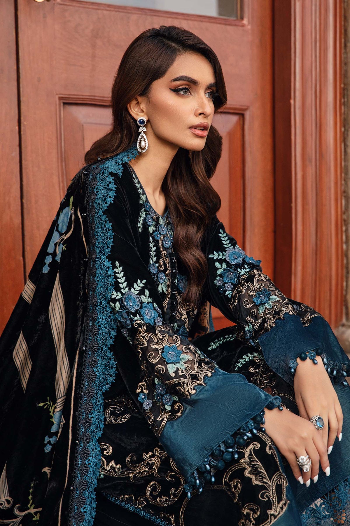 Noir Teal Romance: Heavy Embroidered Velvet Suit With Silk Trouser | Ready To Wear