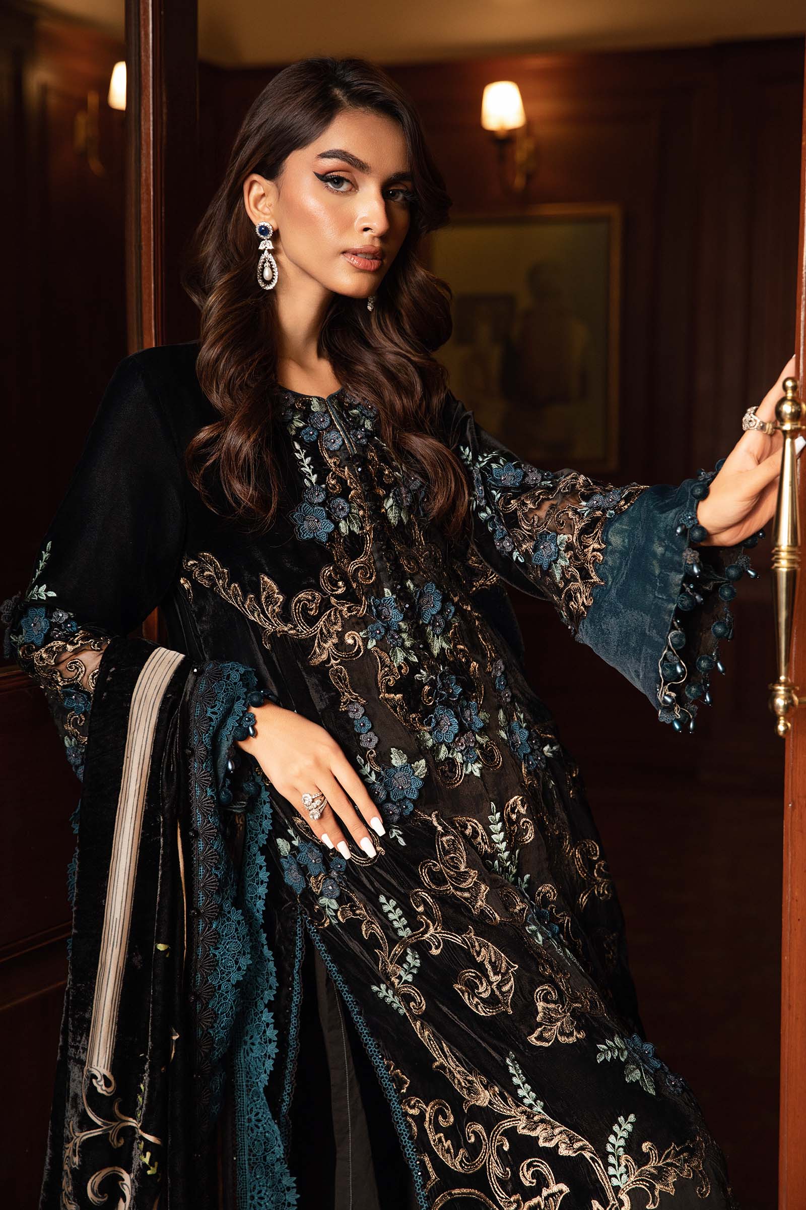 Noir Teal Romance: Heavy Embroidered Velvet Suit With Silk Trouser | Ready To Wear