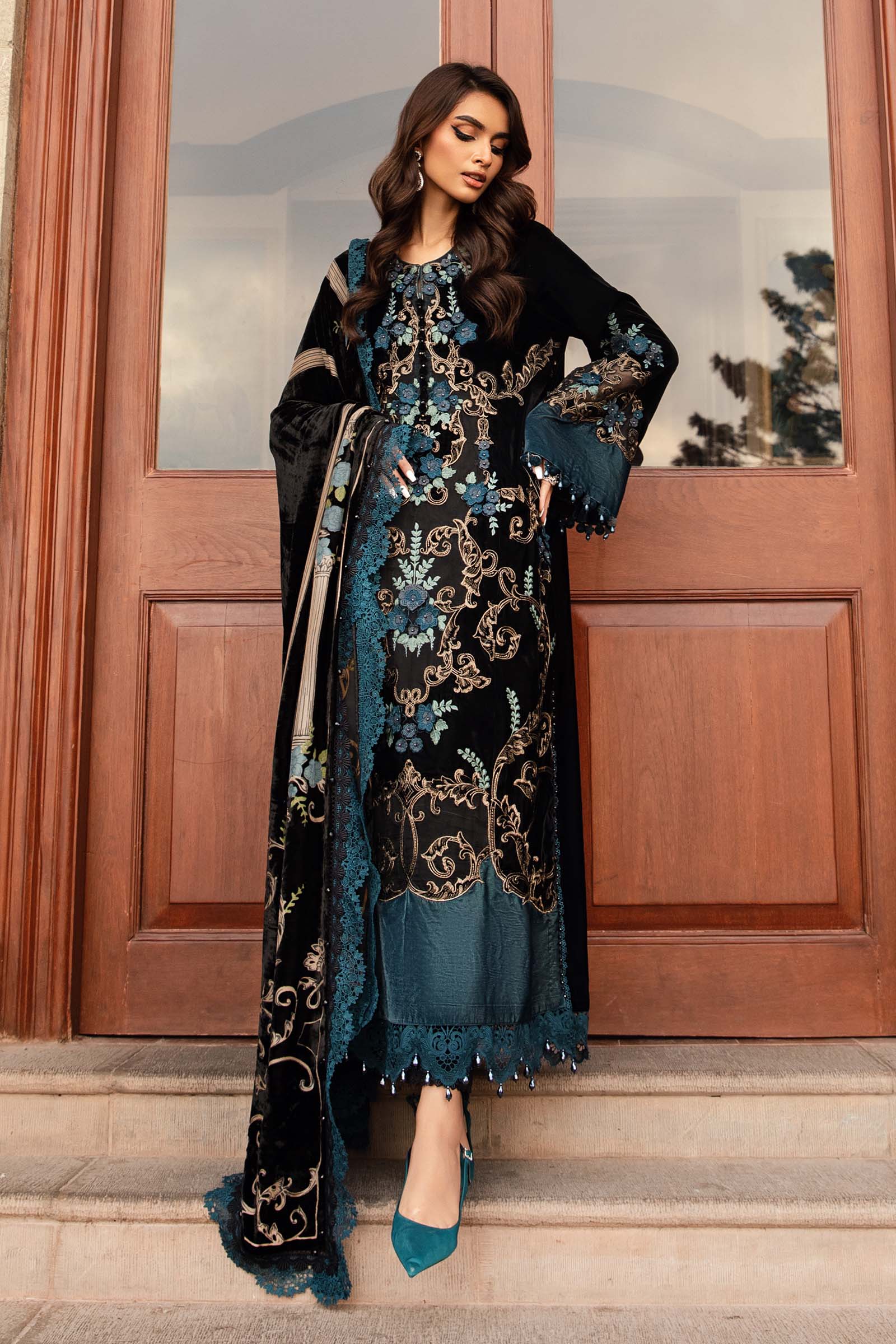 Noir Teal Romance: Heavy Embroidered Velvet Suit With Silk Trouser | Ready To Wear