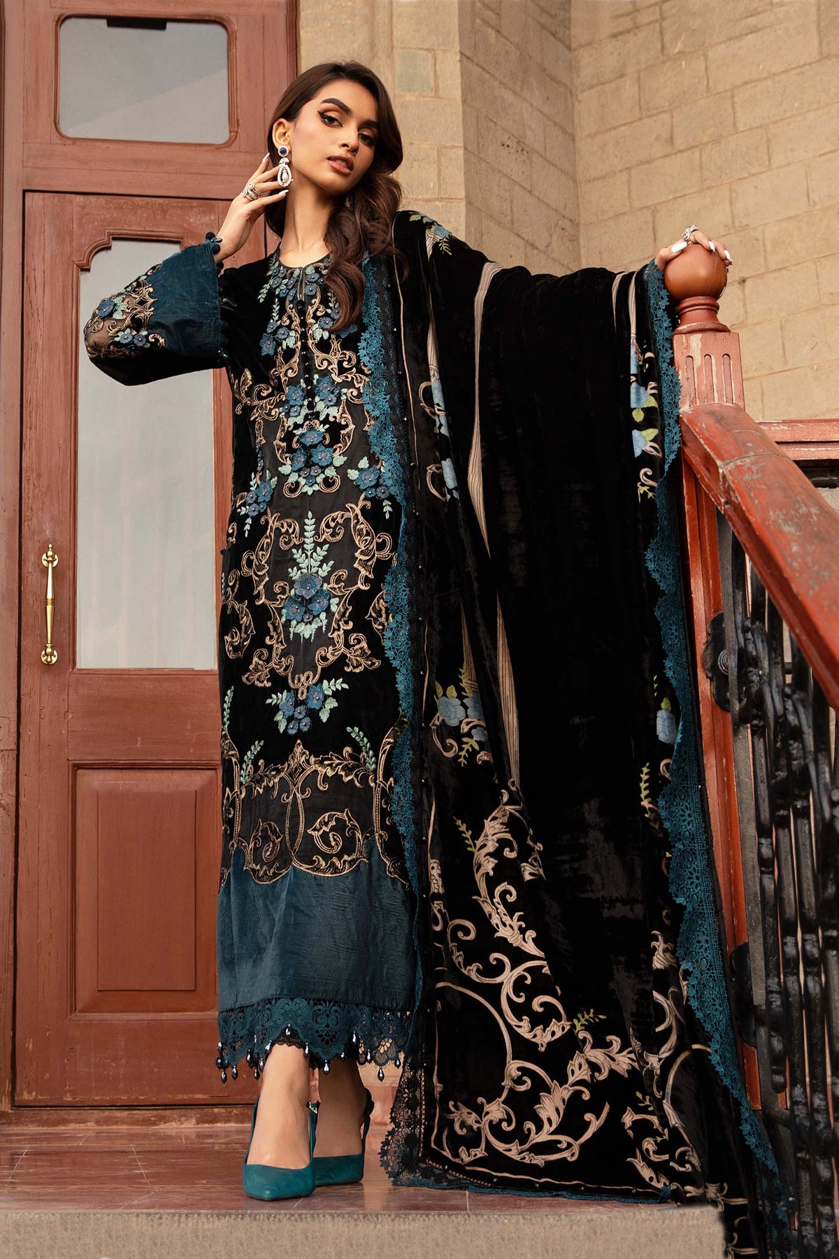 Noir Teal Romance: Heavy Embroidered Velvet Suit With Silk Trouser | Ready To Wear