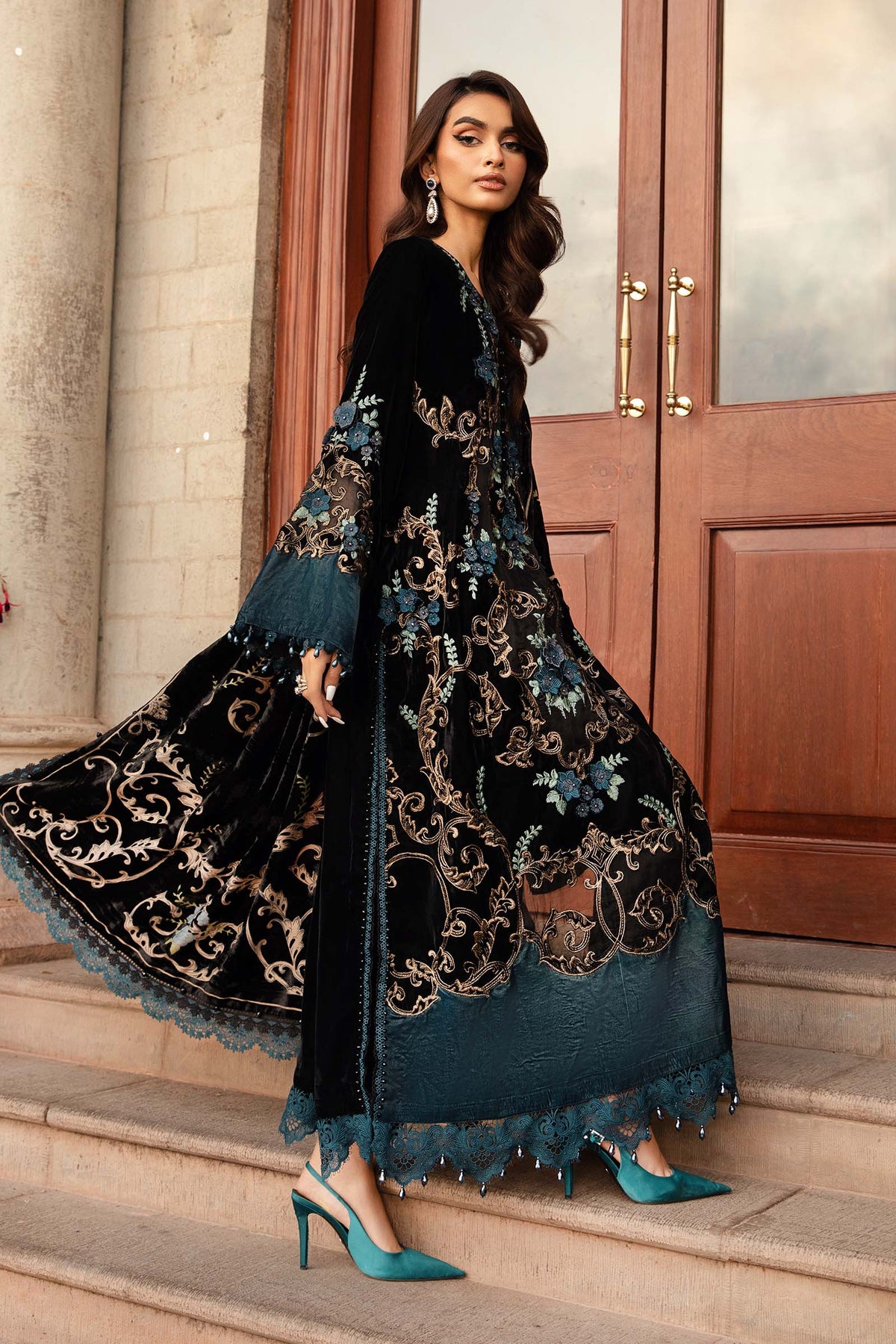 Noir Teal Romance: Heavy Embroidered Velvet Suit With Silk Trouser | Ready To Wear