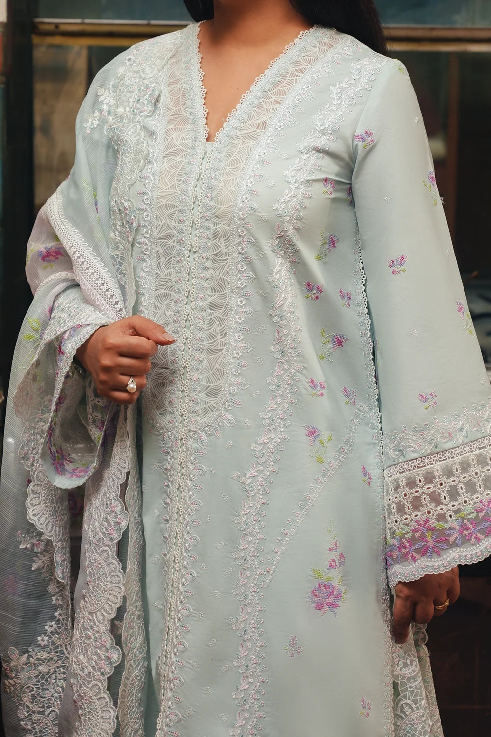 Soft Icy Pastel: Embroidered Cotton Suit | Ready To Wear