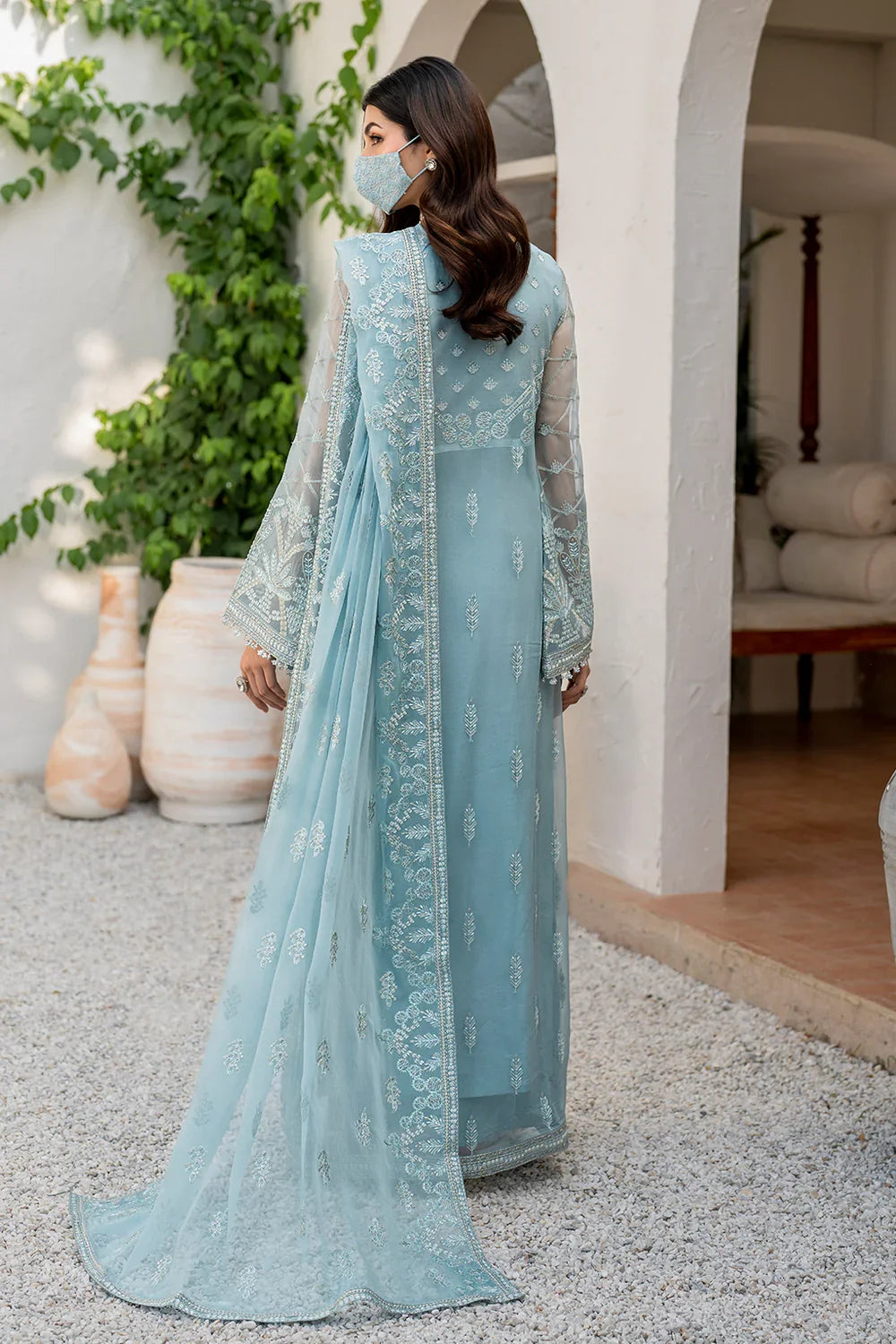 Sky Blue & Silver: Heavy Embroidered Chiffon Suit |Ready To Wear