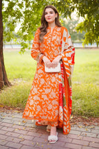 Bright Orange & Beige Floral: Printed Lawn Suit