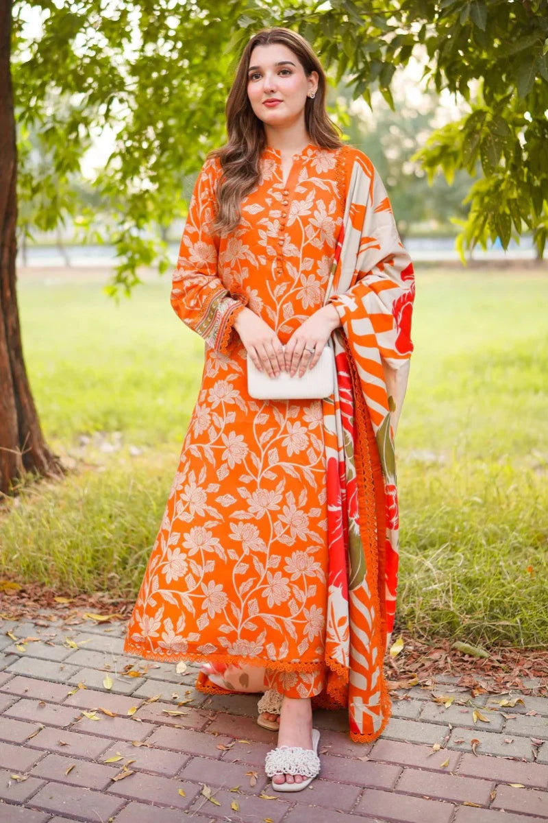 Bright Orange & Beige Floral: Printed Lawn Suit