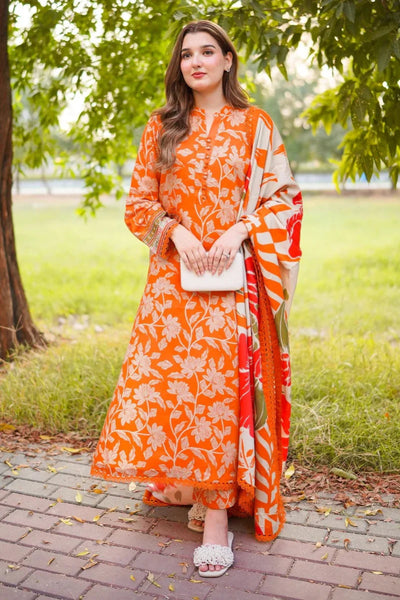 Bright Orange & Beige Floral: Printed Lawn Suit