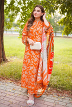 Bright Orange & Beige Floral: Printed Lawn Suit