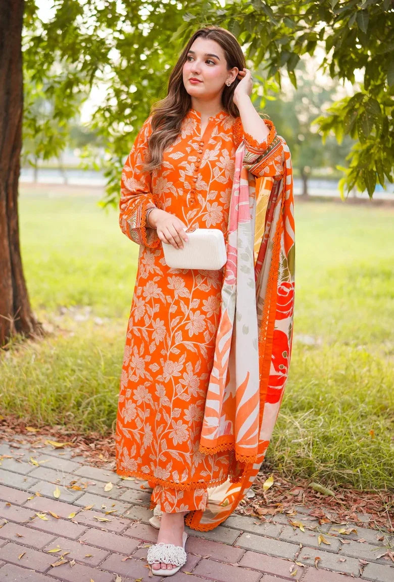 Bright Orange & Beige Floral: Printed Lawn Suit