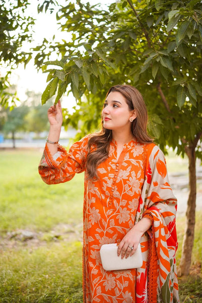 Bright Orange & Beige Floral: Printed Lawn Suit