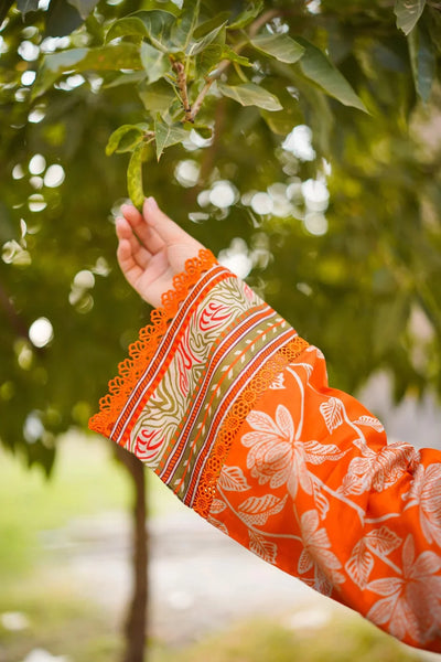 Bright Orange & Beige Floral: Printed Lawn Suit