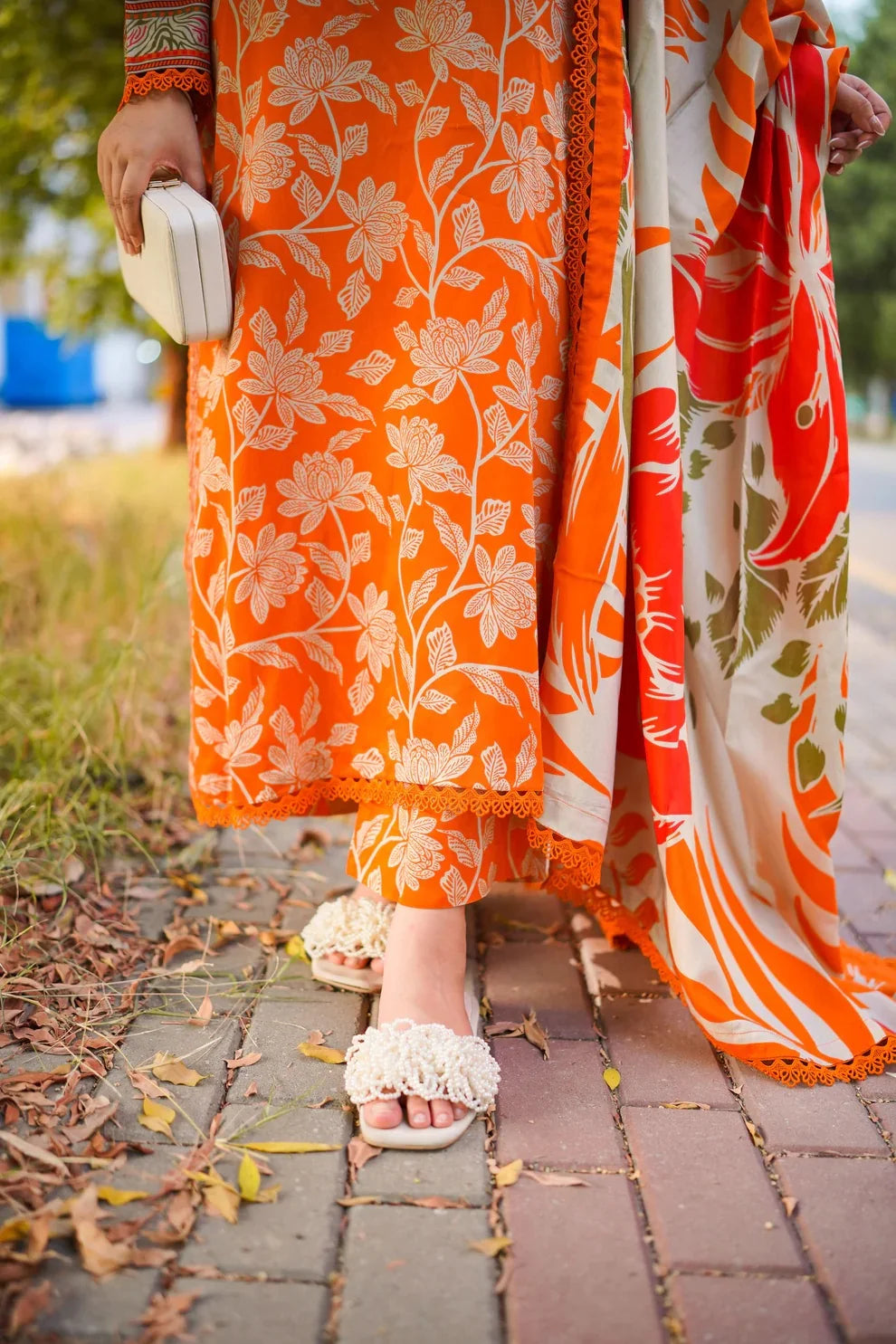Bright Orange & Beige Floral: Printed Lawn Suit
