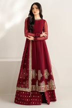 Deep Ruby Maroon & Antique Gold: Embroidered Chiffon Suit