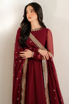 Deep Ruby Maroon & Antique Gold: Embroidered Chiffon Suit