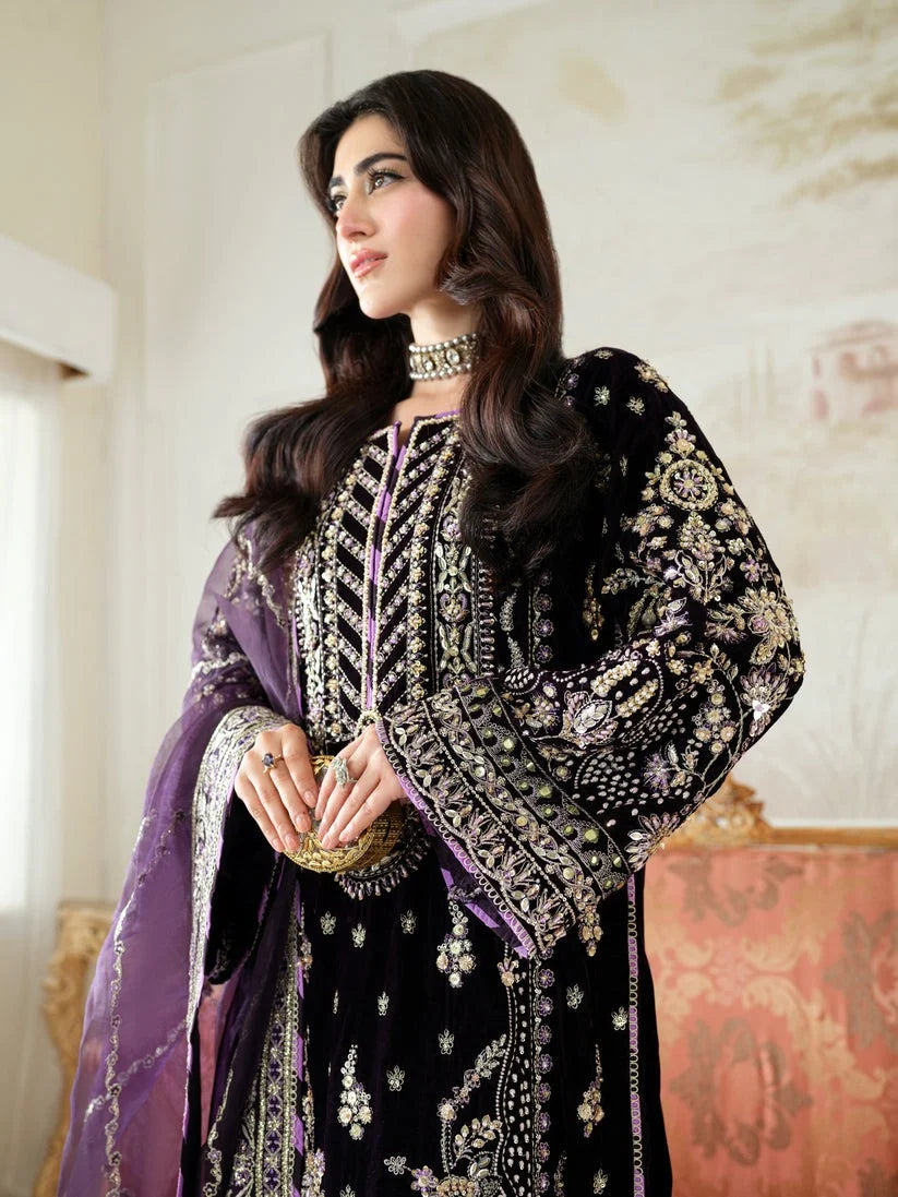 Deep Plum Purple & Silver Embroidered Velvet Suit | Ready To Wear