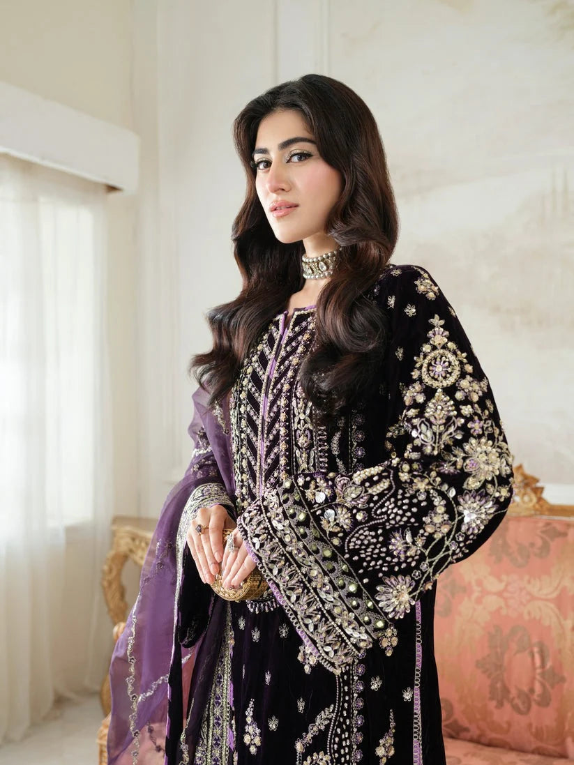 Deep Plum Purple & Silver Embroidered Velvet Suit | Ready To Wear