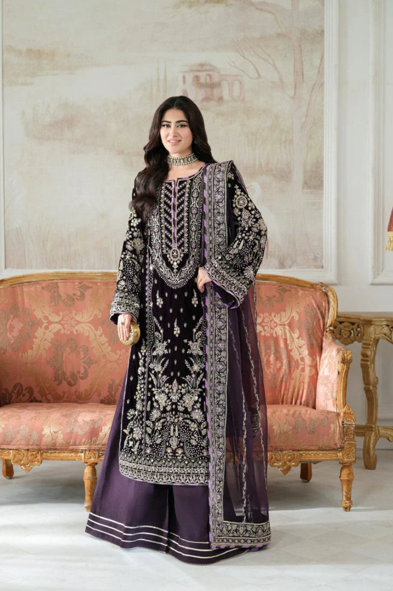 Deep Plum Purple & Silver Embroidered Velvet Suit | Ready To Wear