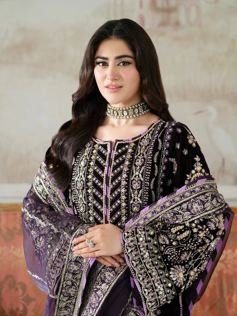 Deep Plum Purple & Silver Embroidered Velvet Suit | Ready To Wear