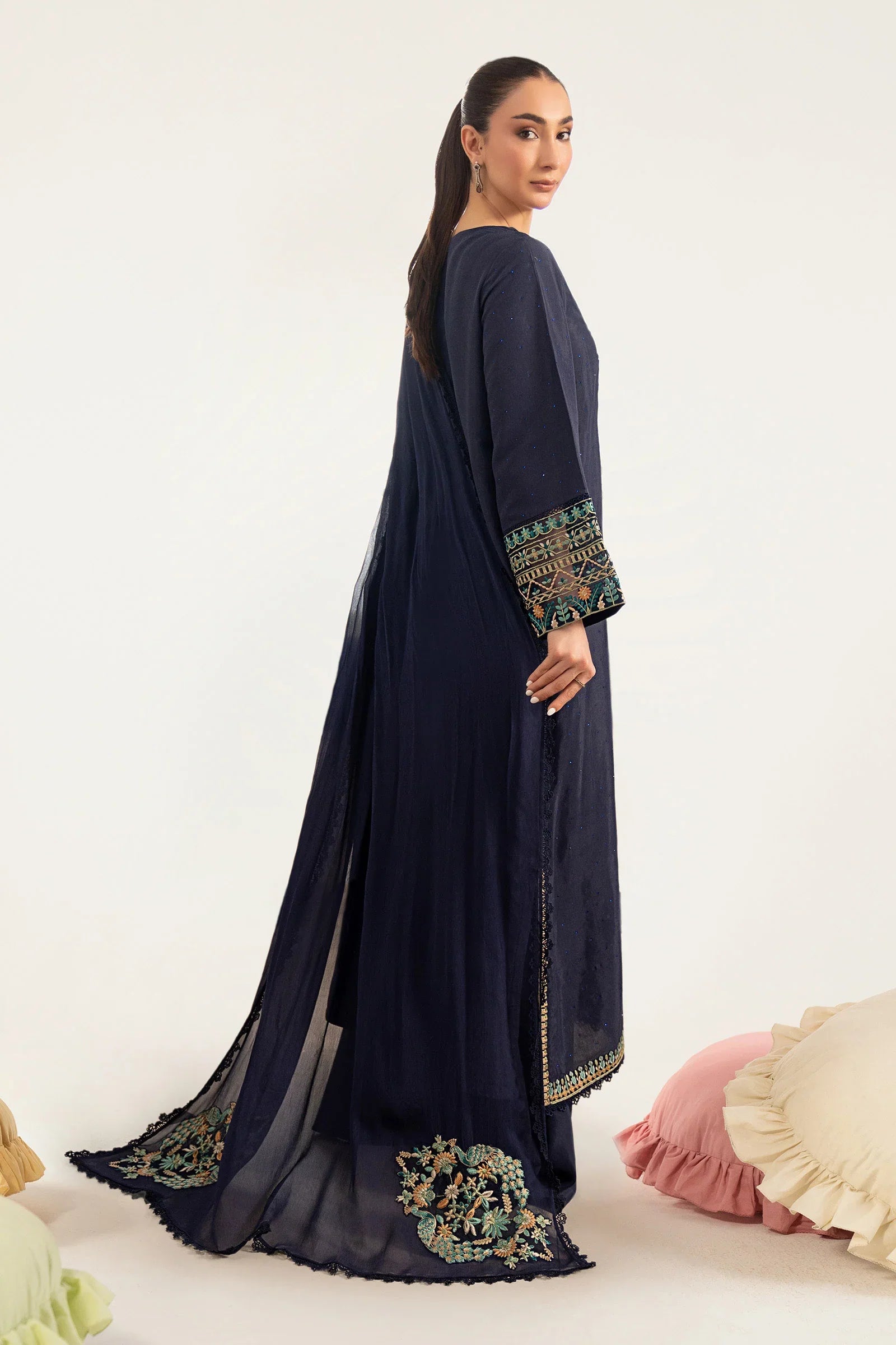 Navy Blue & Multi-Color: Embroidered Chiffon Suit | Ready To Wear