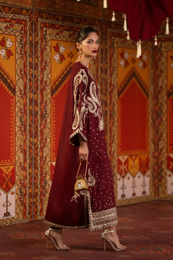 3 Pcs Luxury Charmoush Silk Suit with Embroidered Spangle & Laser Work | Ready To Wear