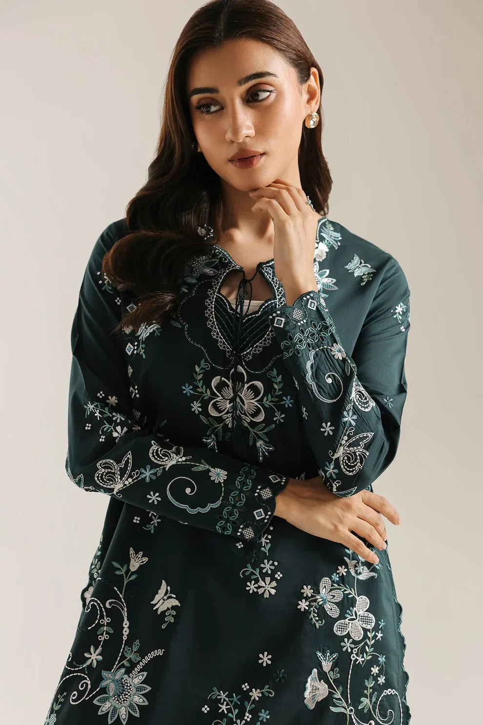 Deep Emerald Green & Ivory Embroidered 2-Piece Silk Suit | Ready To Wear