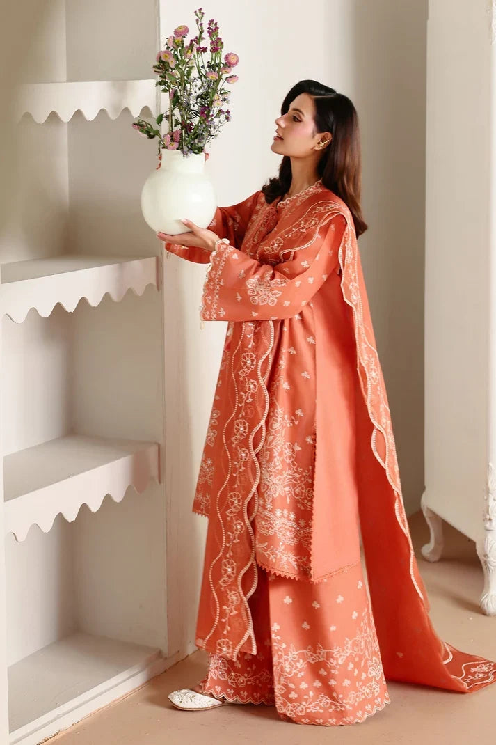 Burnt Peach & White Floral Accent: Embroidered Lawn Suit | Ready To Wear
