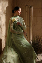 Pistachio Green: Embroidered Chiffon Suit With Malai Crepe Trouser | Ready To Wear
