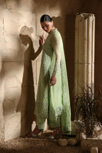 Pistachio Green: Embroidered Chiffon Suit With Malai Crepe Trouser | Ready To Wear