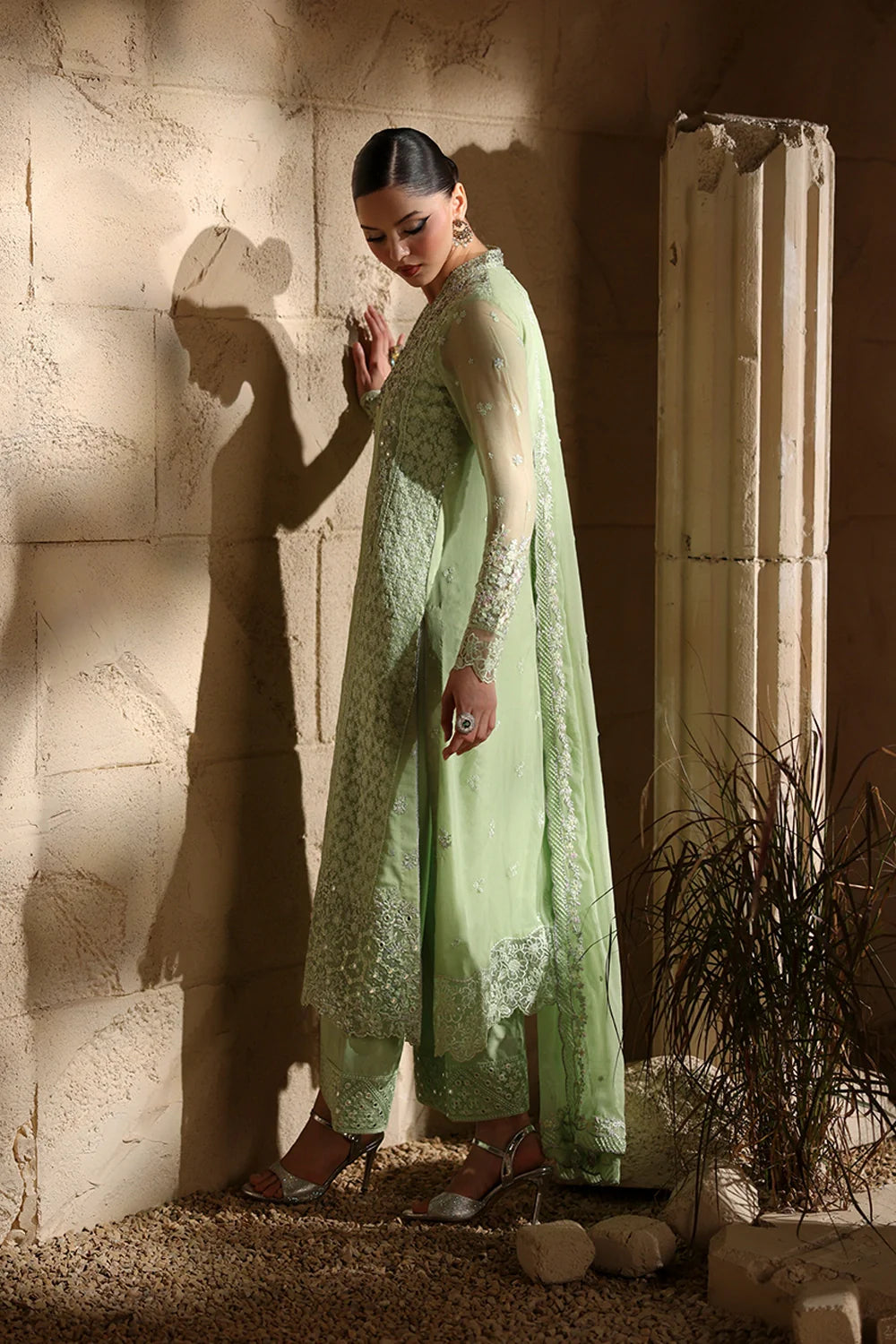 Pistachio Green: Embroidered Chiffon Suit With Malai Crepe Trouser | Ready To Wear