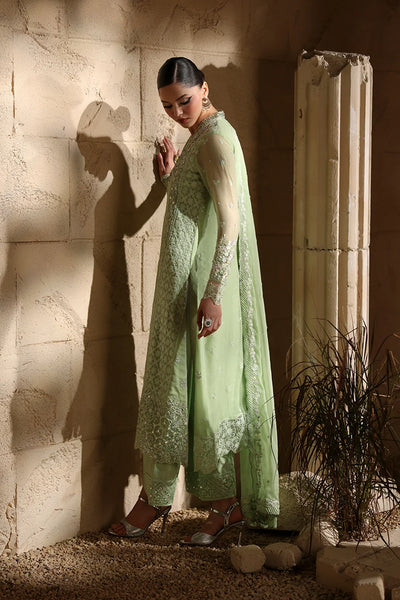 Pistachio Green: Embroidered Chiffon Suit With Malai Crepe Trouser | Ready To Wear