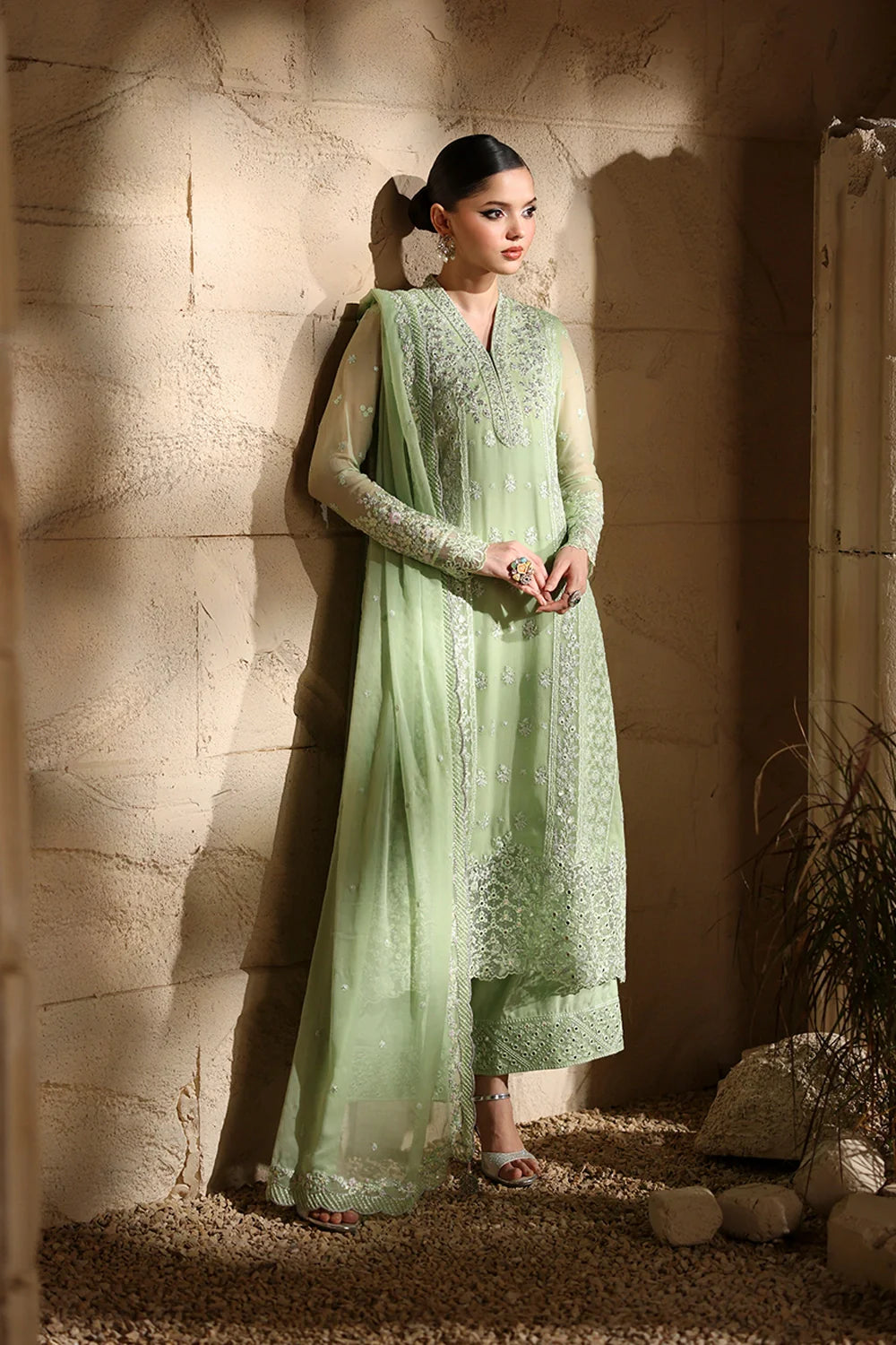 Pistachio Green: Embroidered Chiffon Suit With Malai Crepe Trouser | Ready To Wear
