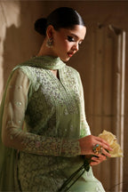 Pistachio Green: Embroidered Chiffon Suit With Malai Crepe Trouser | Ready To Wear