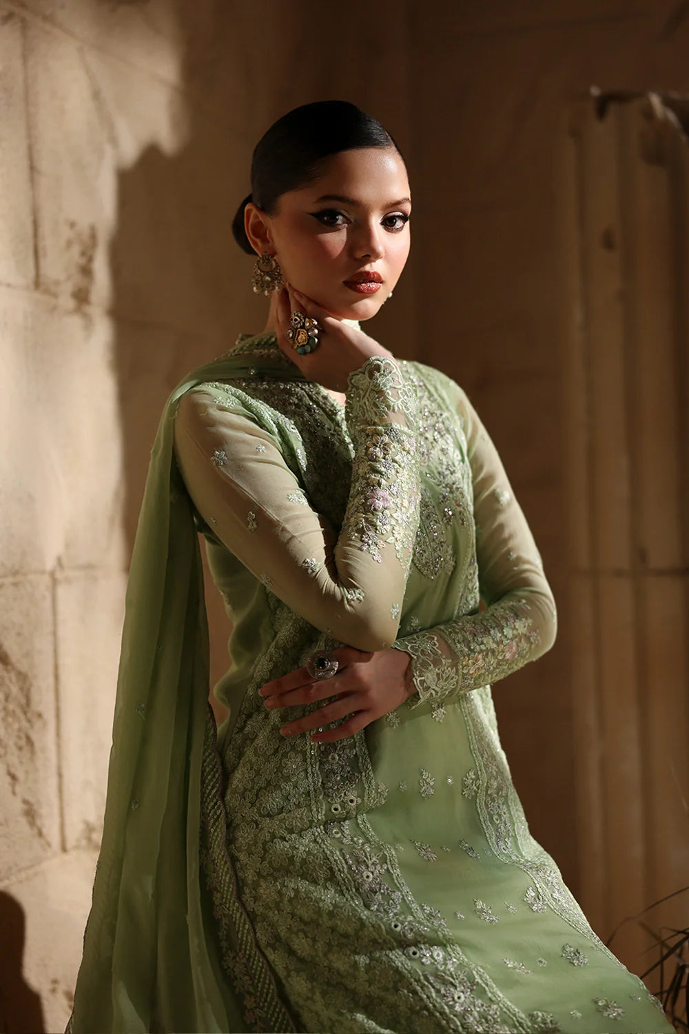 Pistachio Green: Embroidered Chiffon Suit With Malai Crepe Trouser | Ready To Wear