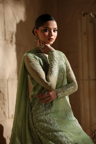 Pistachio Green: Embroidered Chiffon Suit With Malai Crepe Trouser | Ready To Wear