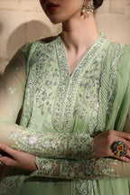 Pistachio Green: Embroidered Chiffon Suit With Malai Crepe Trouser | Ready To Wear