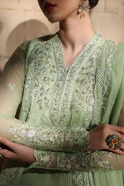 Pistachio Green: Embroidered Chiffon Suit With Malai Crepe Trouser | Ready To Wear