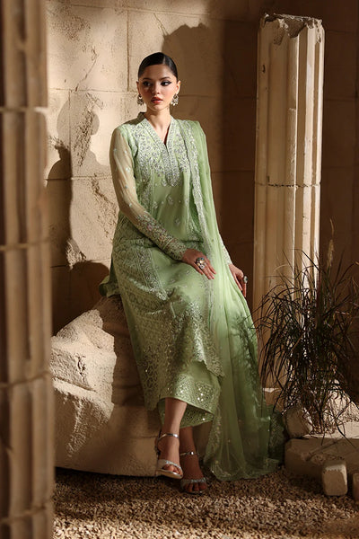 Pistachio Green: Embroidered Chiffon Suit With Malai Crepe Trouser | Ready To Wear