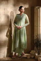 Pistachio Green: Embroidered Chiffon Suit With Malai Crepe Trouser | Ready To Wear