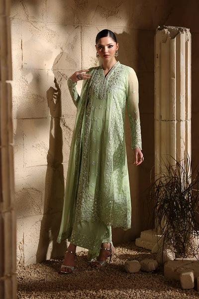 Pistachio Green: Embroidered Chiffon Suit With Malai Crepe Trouser | Ready To Wear