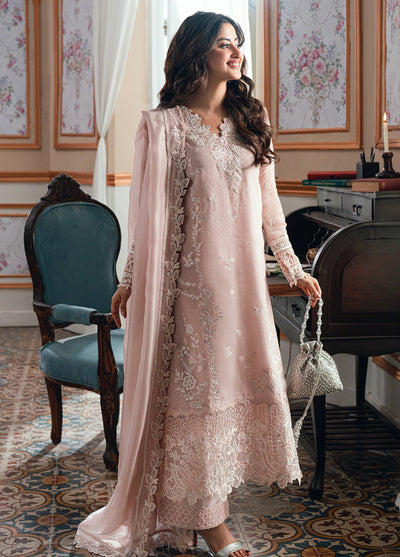 Pastel Blush Pink & White: Embroidered Chiffon Suit | Ready To Wear