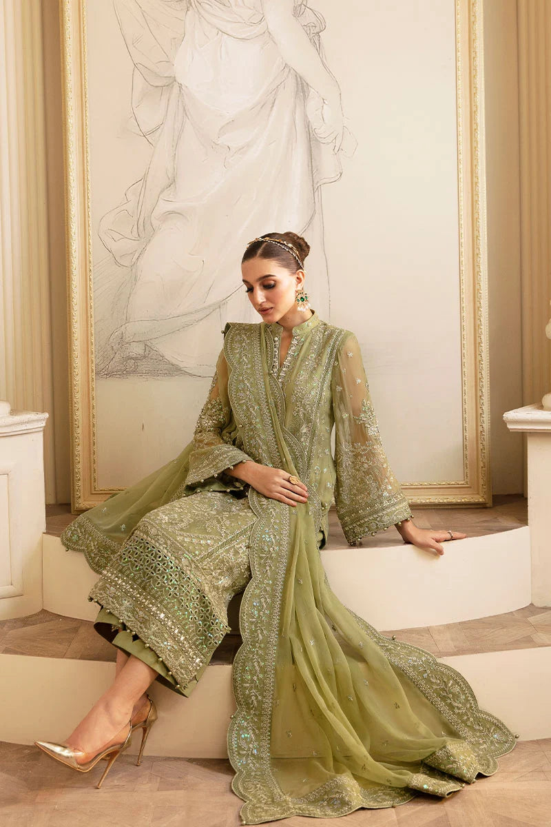 The Royal Olive: 03-Piece Embroidered Chiffon Suit | Ready To Wear