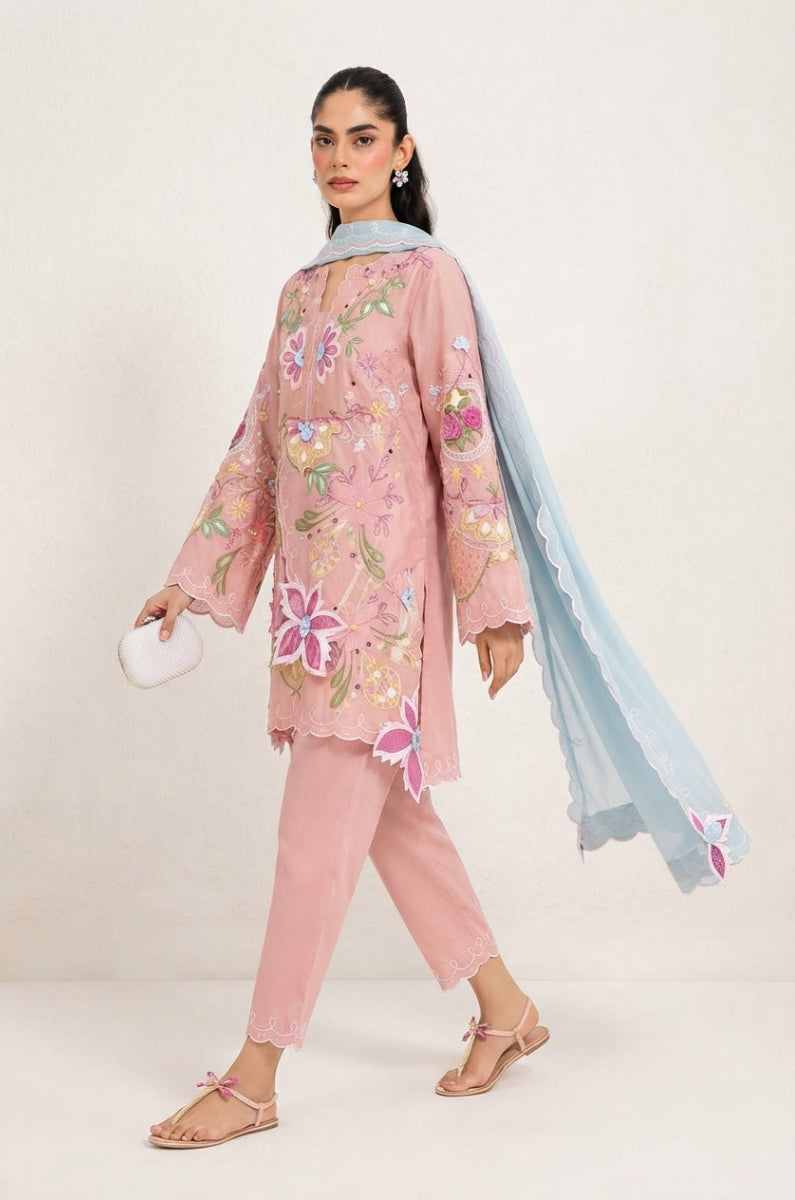 Tea Pink & Sky Blue: Embroidered Luxury Cotton Suit | Ready To Wear