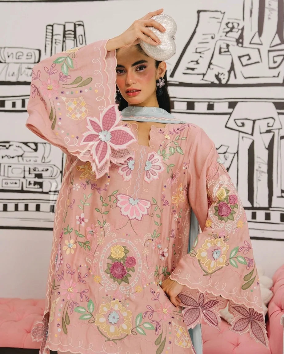 Pastel Pink & Ice Blue Accent: Embroidered Cotton Suit | Ready To Wear