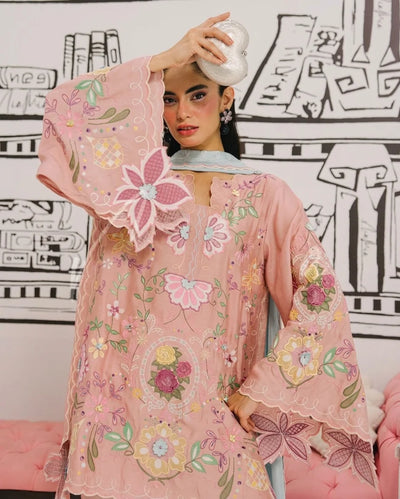 Pastel Pink & Ice Blue Accent: Embroidered Cotton Suit | Ready To Wear
