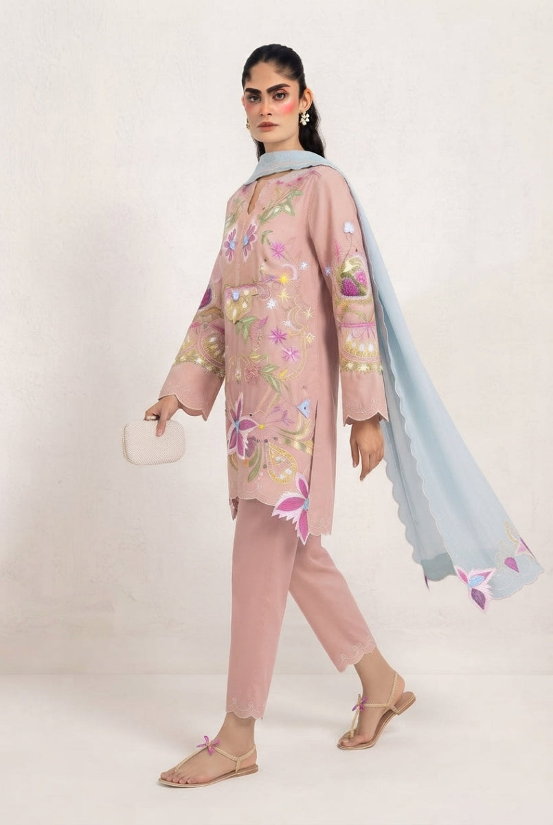 Tea Pink & Sky Blue: Embroidered Luxury Cotton Suit | Ready To Wear