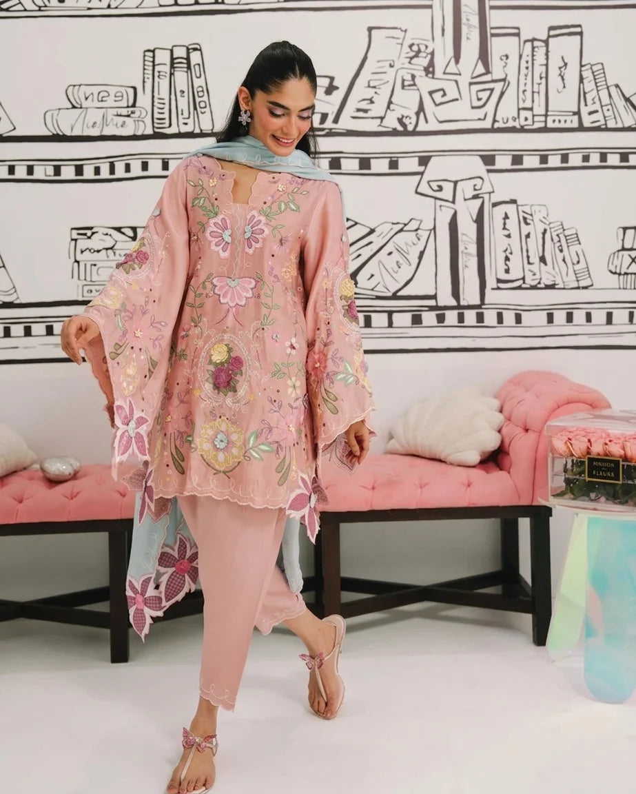 Pastel Pink & Ice Blue Accent: Embroidered Cotton Suit | Ready To Wear