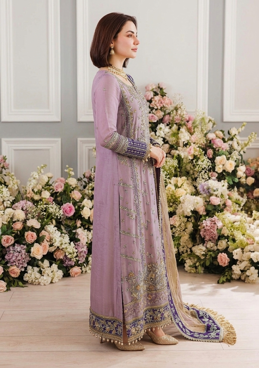 Soft Lavender: Embroidered Chiffon Suit With Purple Bordered Dupatta | Ready To Wear