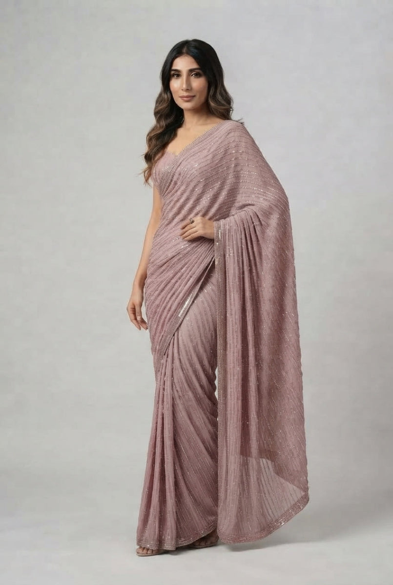 Semi Pure Chiffon Sequence Embroidered Saree  | Ready To Wear