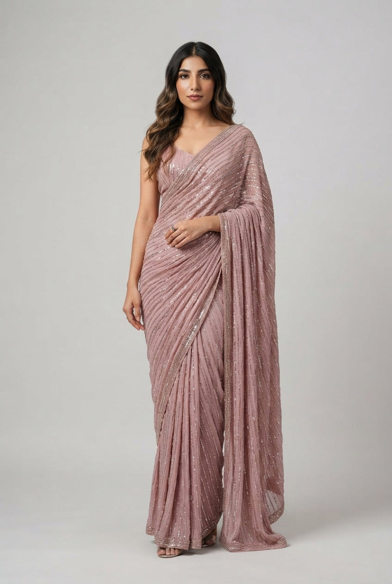 Semi Pure Chiffon Sequence Embroidered Saree  | Ready To Wear